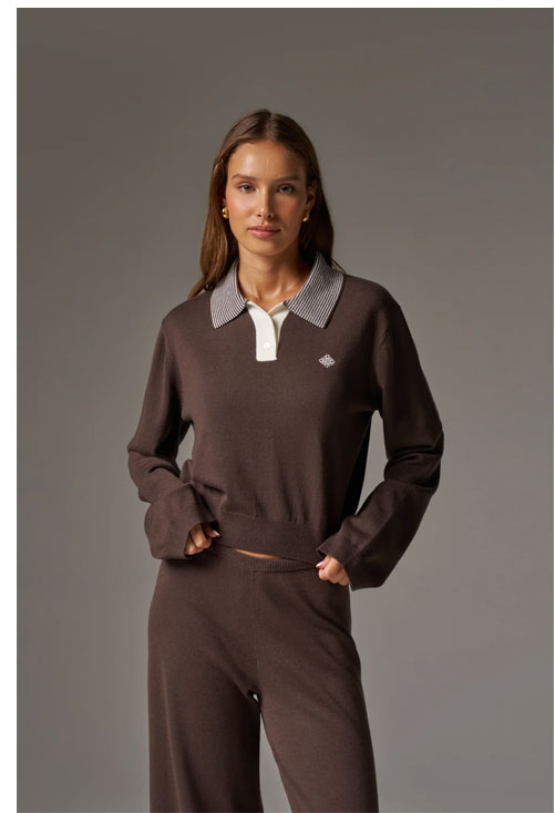 LONG SLEEVE KNITTED COLLAR POLO TOP