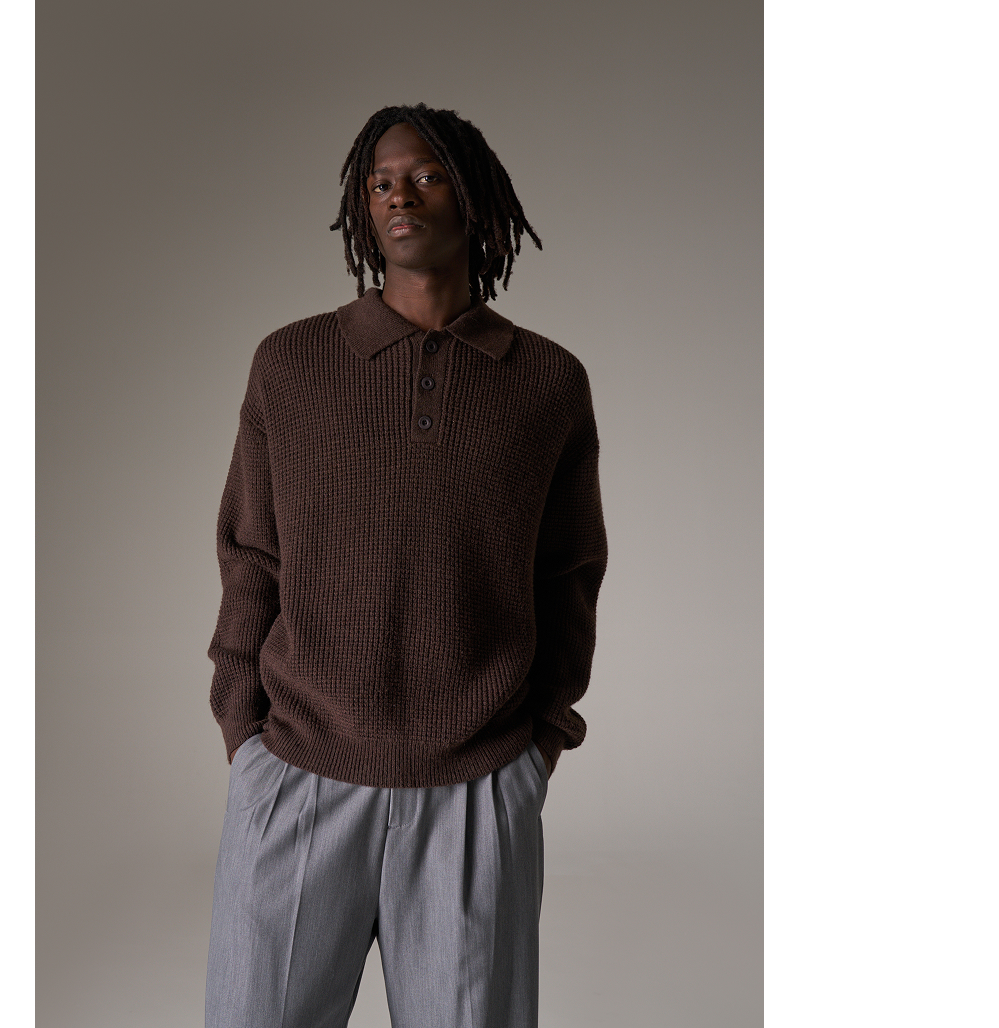 WAFFLE KNIT LONG SLEEVE POLO