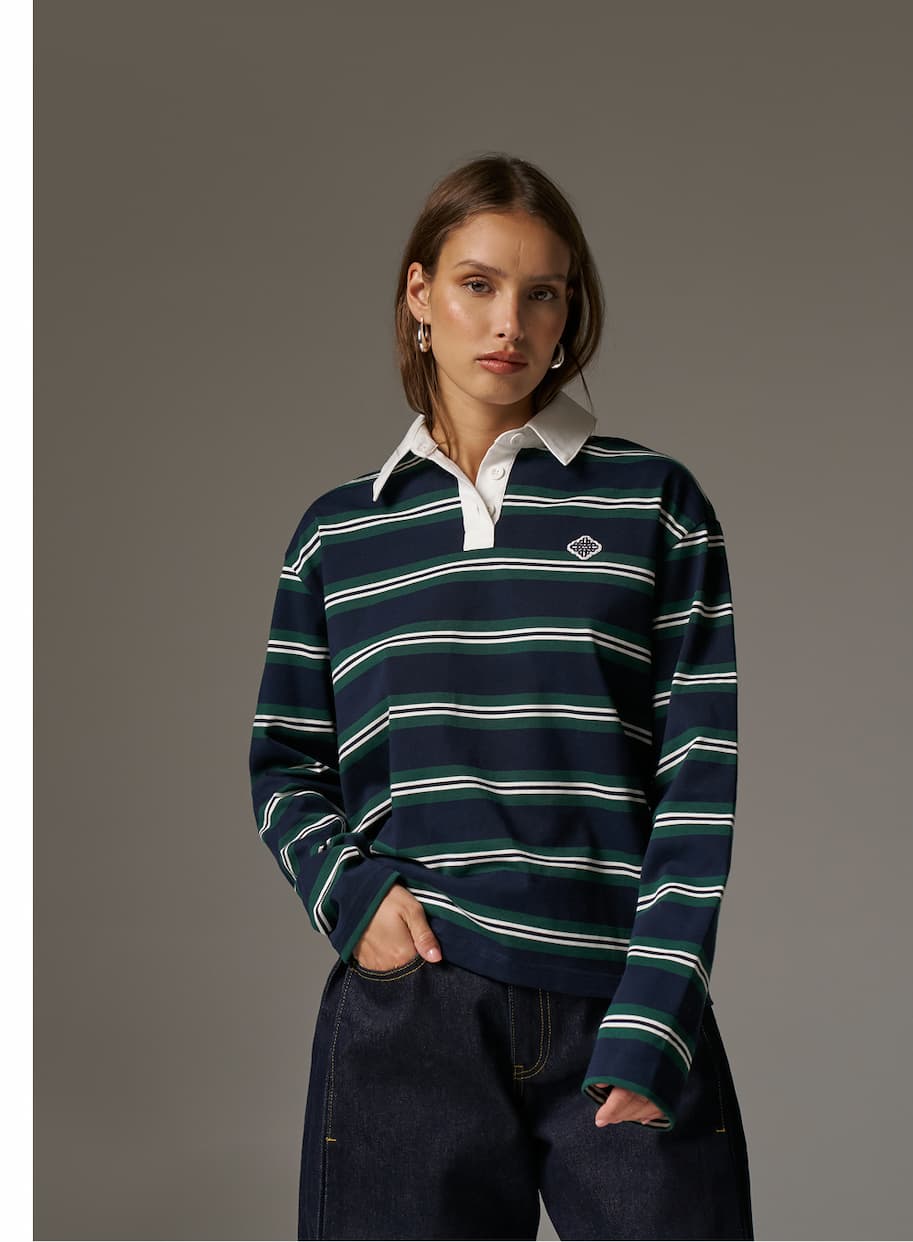 STRIPED LONG SLEEVE POLO TEE