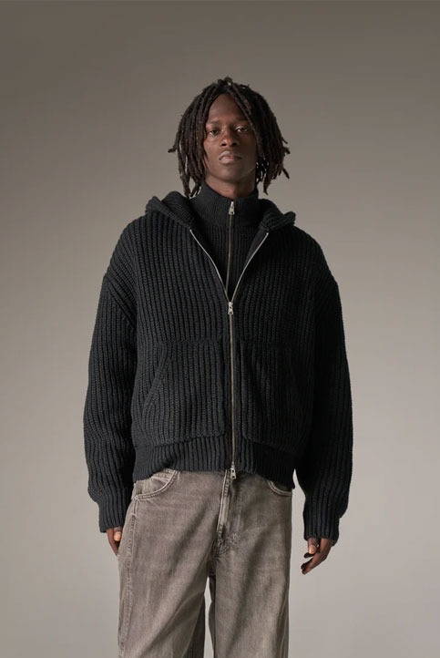 HEAVY RIB KNITTED ZIP THROUGH HOODIE