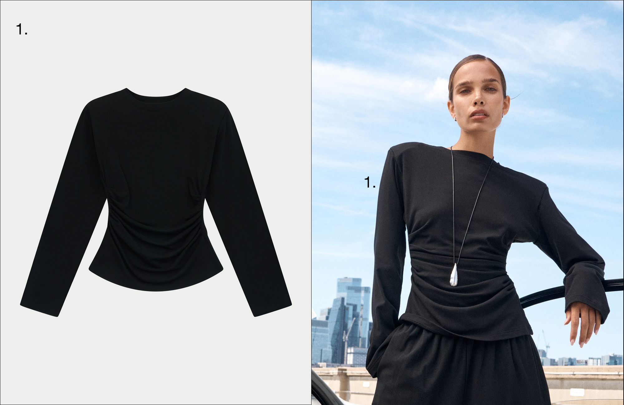 LONG SLEEVE SHOULDER PAD RUCHED TEE