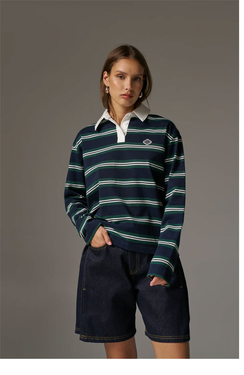 STRIPED LONG SLEEVE POLO TEE