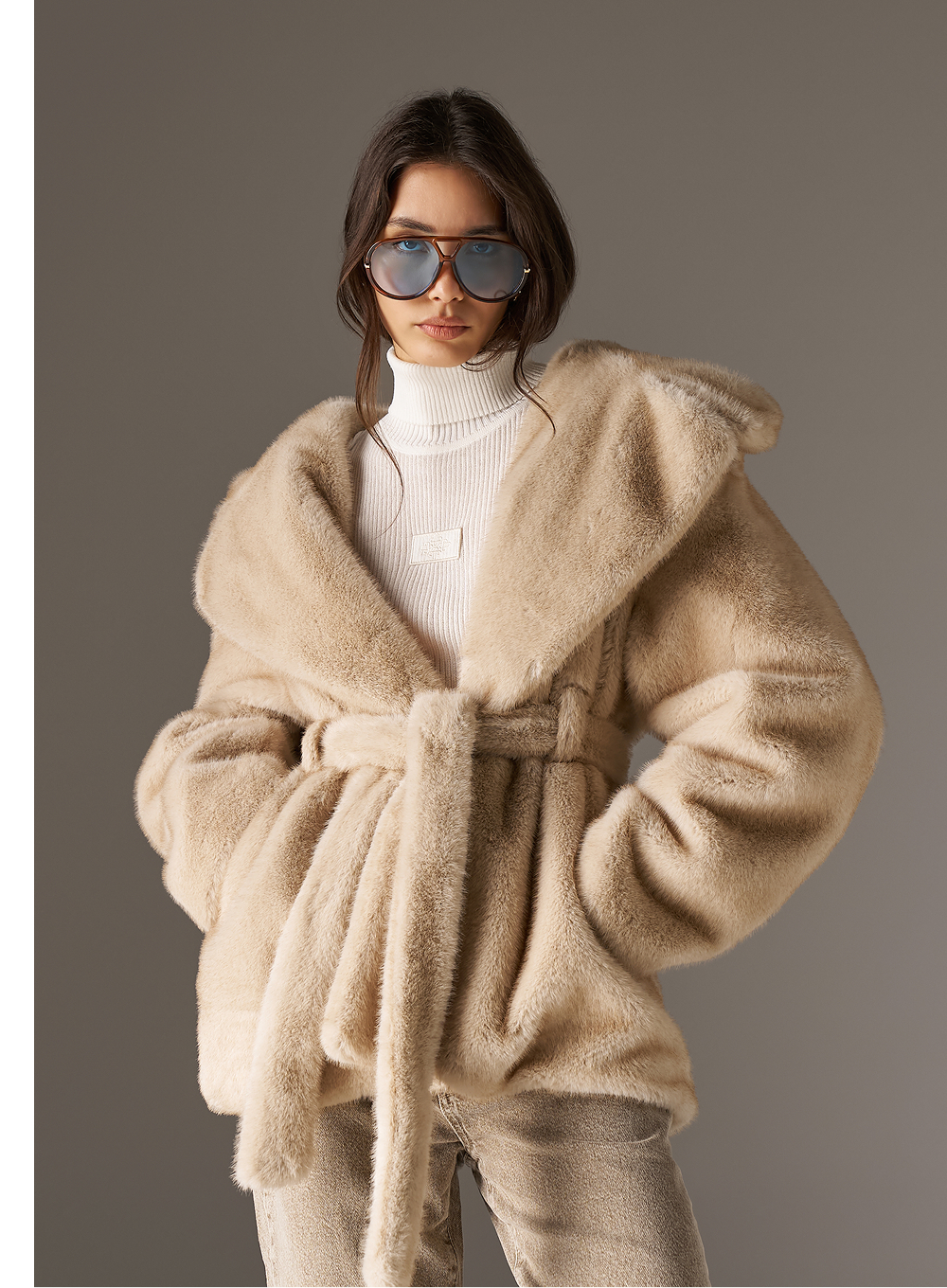 BELTED FAUX FUR HOODED COAT