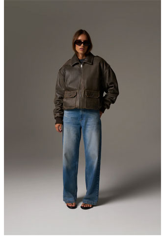 DISTRESSED LEATHER BOMBER JACKET