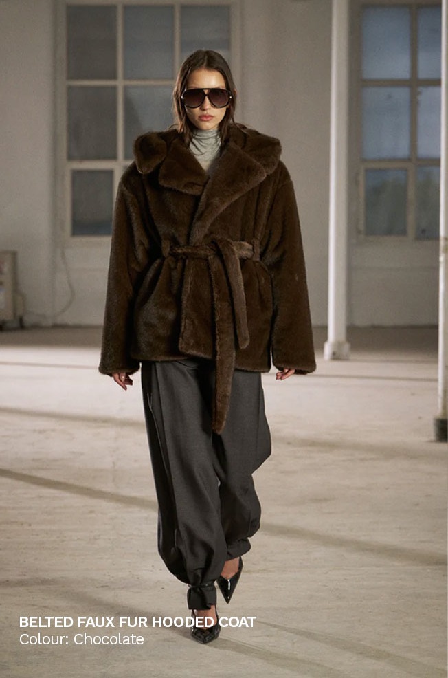 BELTED FAUX FUR HOODED COAT