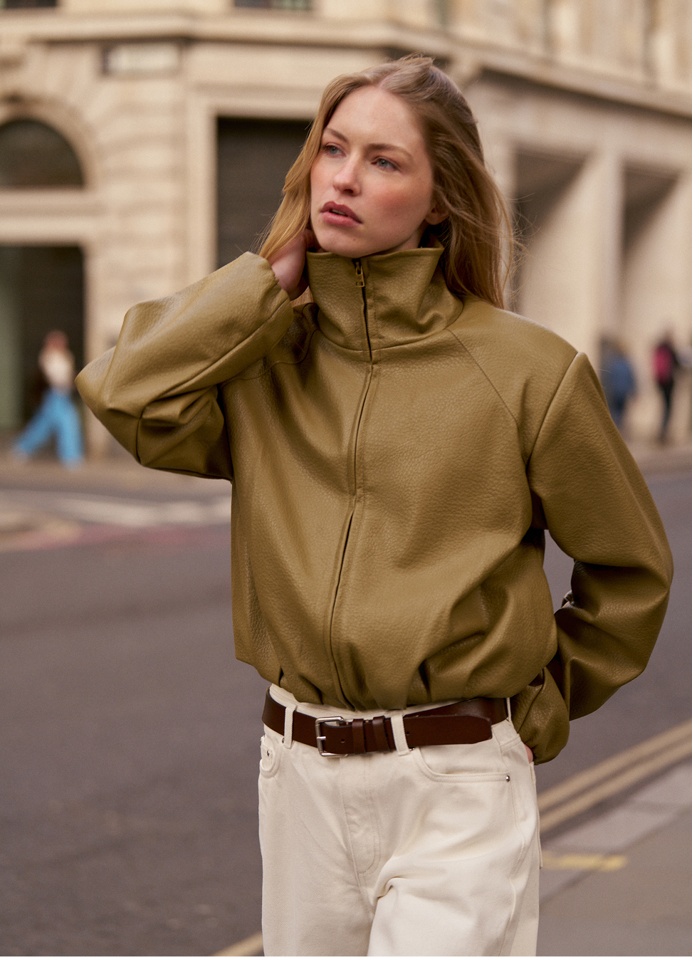 FUNNEL NECK BALLOON HEM FAUX LEATHER JACKET