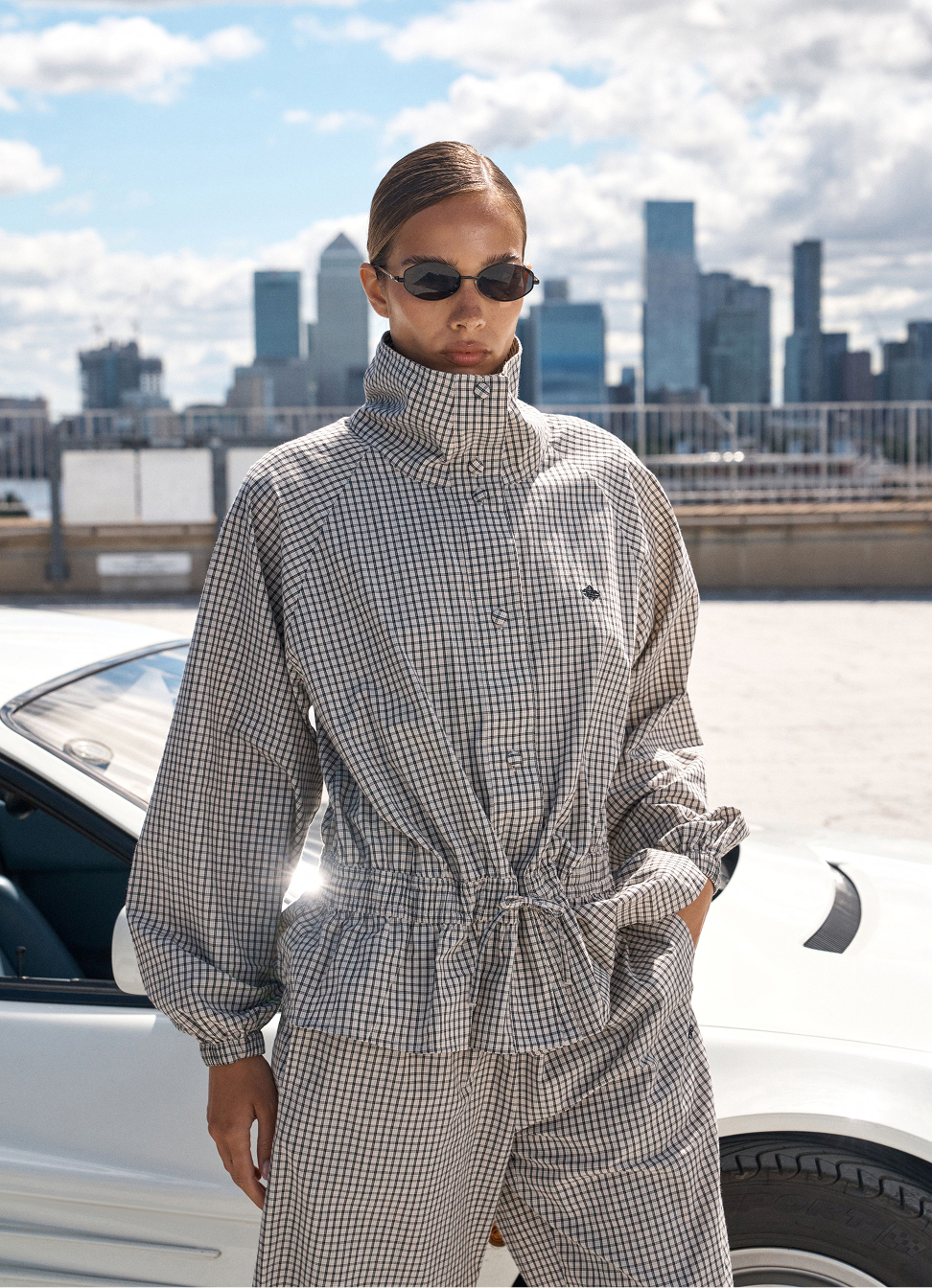 CHECKED DROP WAIST FUNNEL NECK JACKET