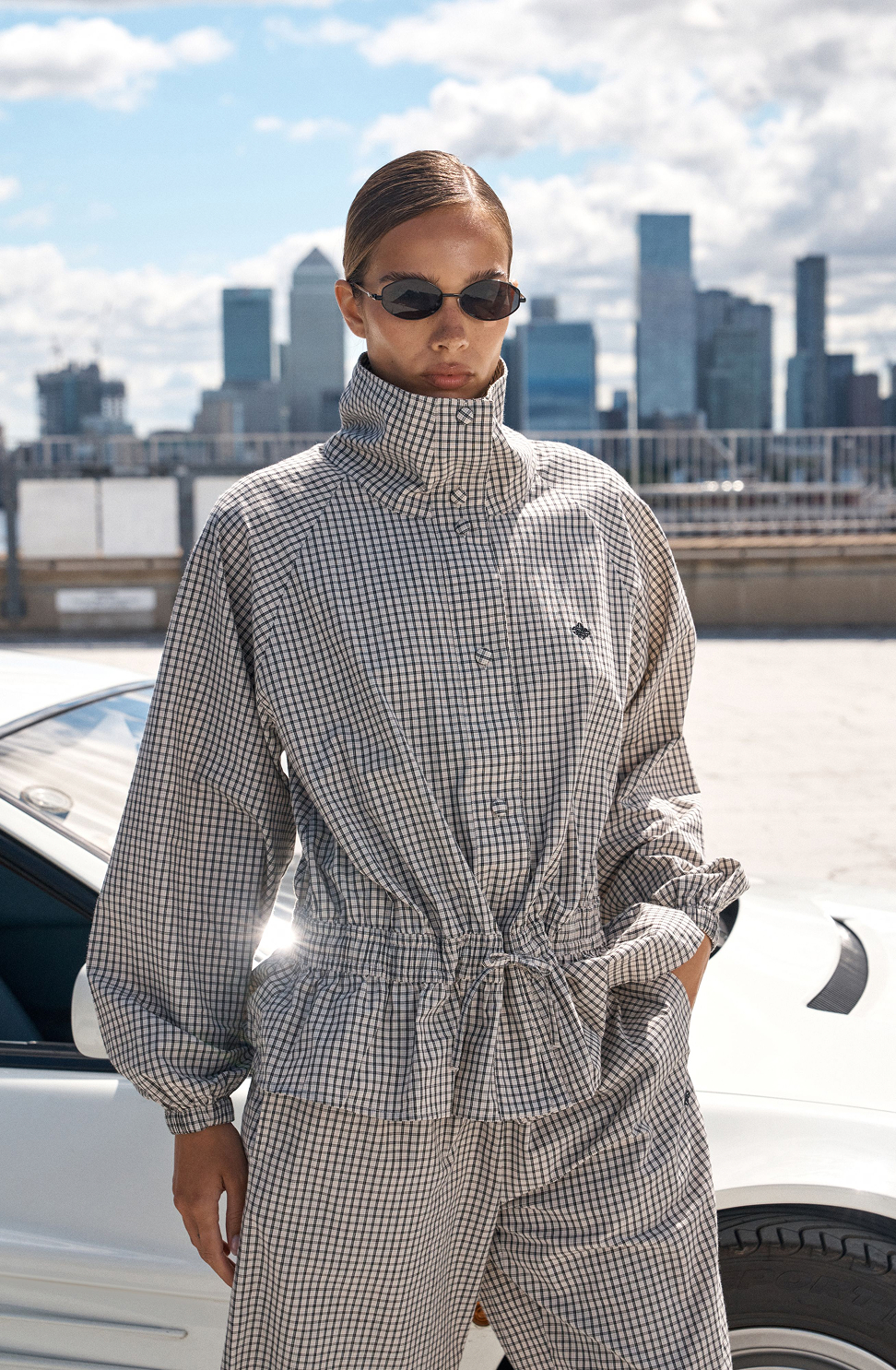 CHECKED DROP WAIST FUNNEL NECK JACKET