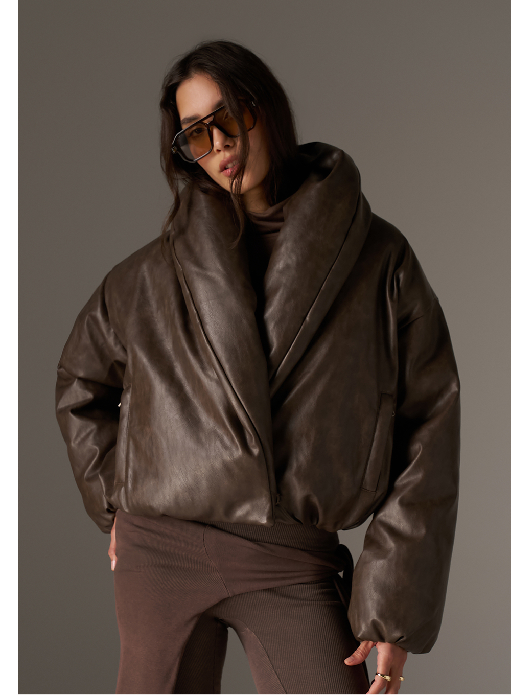 OVERSIZED COLLAR DISTRESSED FAUX LEATHER PUFFER COAT