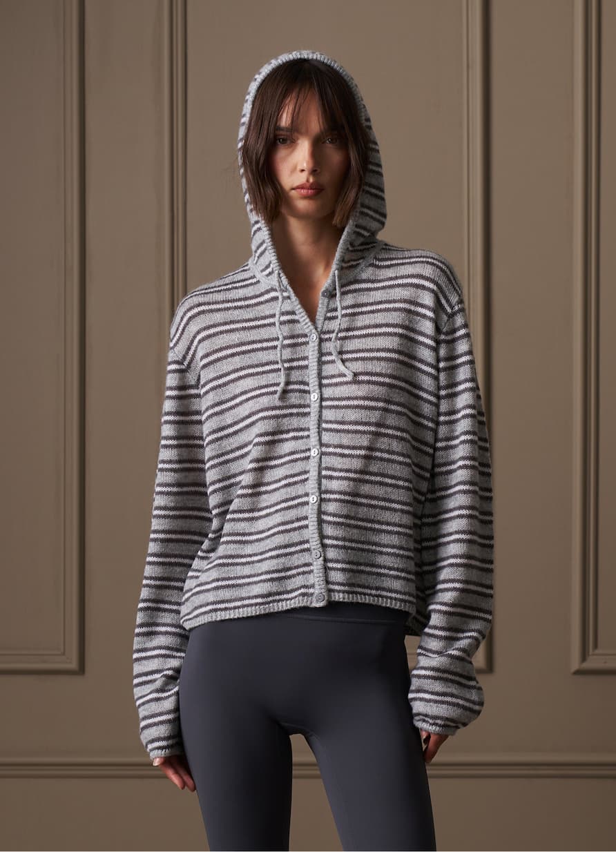 STRIPE LOOSE KNIT HOODED CARDIGAN