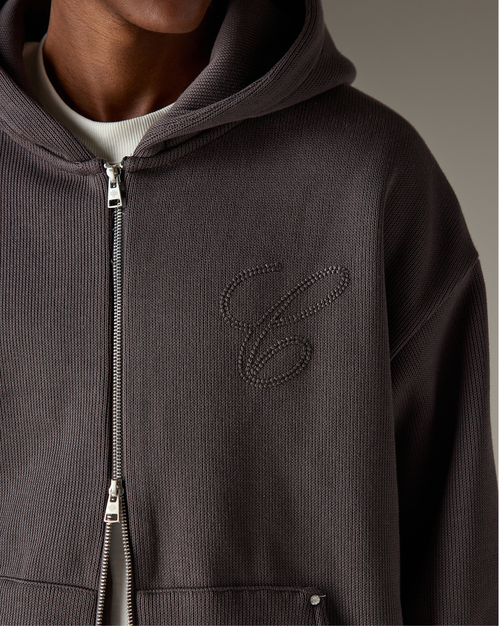 KNIT CONTRAST BINDING ZIP THROUGH HOODIE