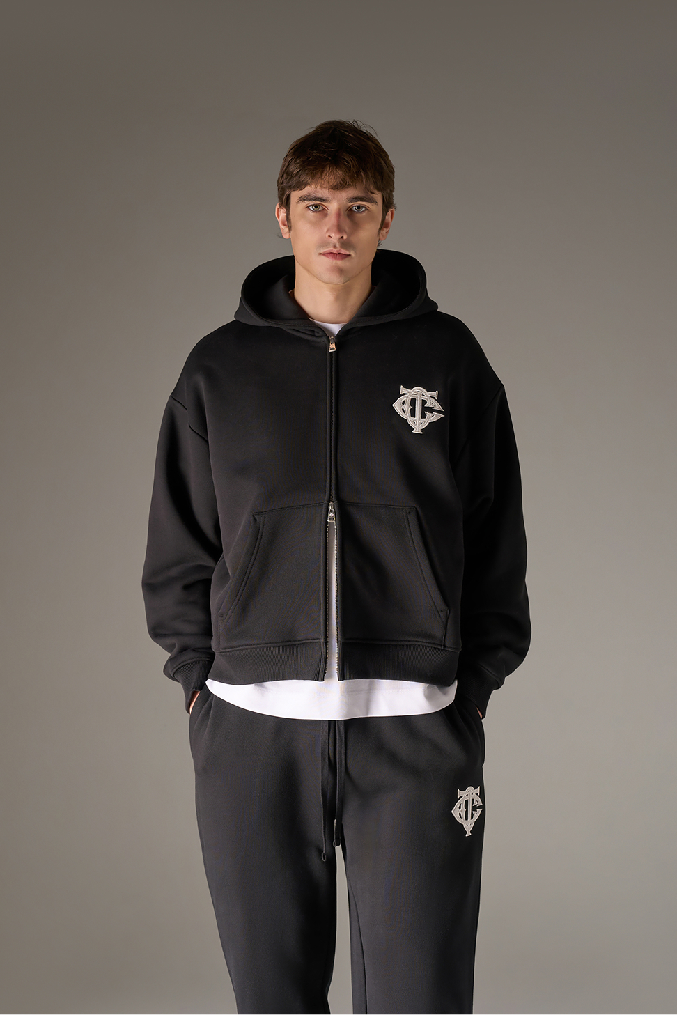 HEAVYWEIGHT MONOGRAM APPLIQUE EMBLEM ZIP THROUGH