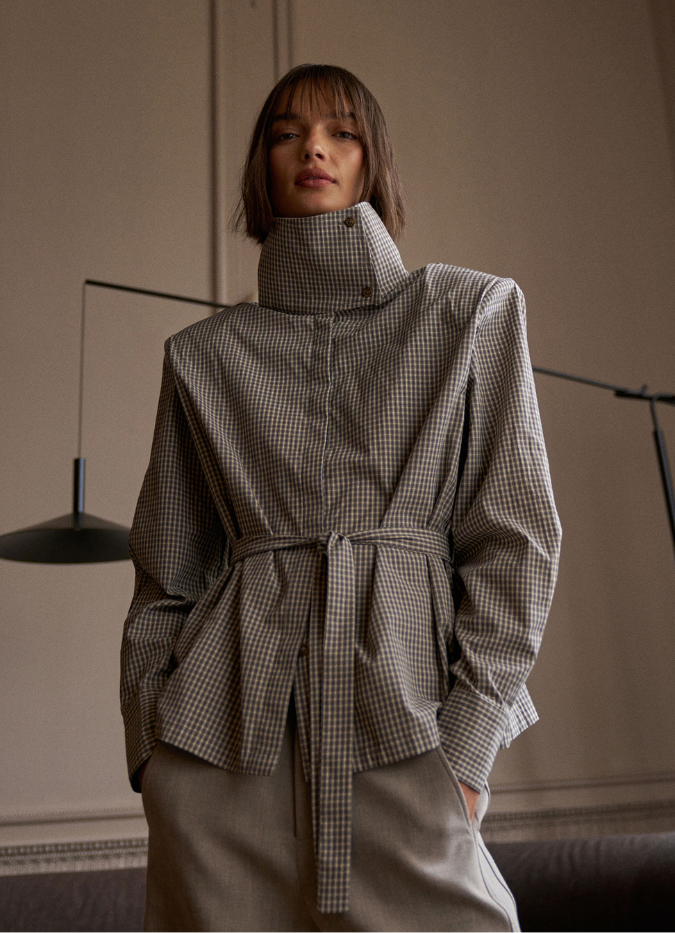 FUNNEL NECK CHECK SHIRT