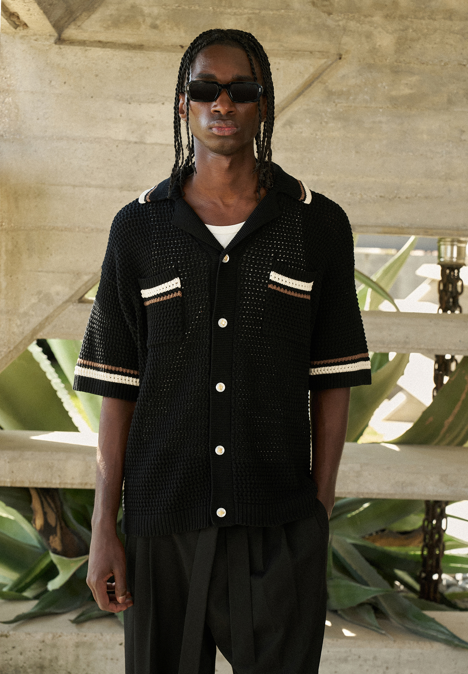 CROCHET KNITTED STRIPE BUTTON THROUGH SHIRT