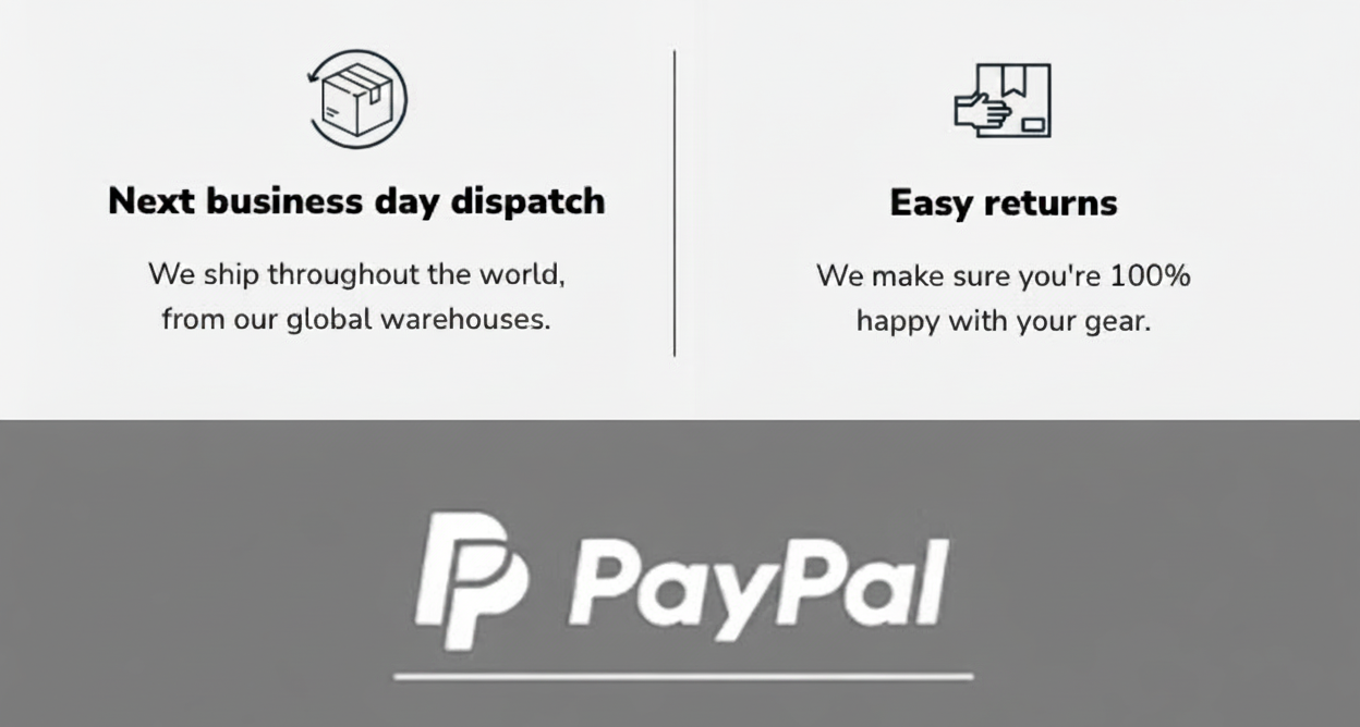 Icons and text about shipping and returns, with PayPal logo below.