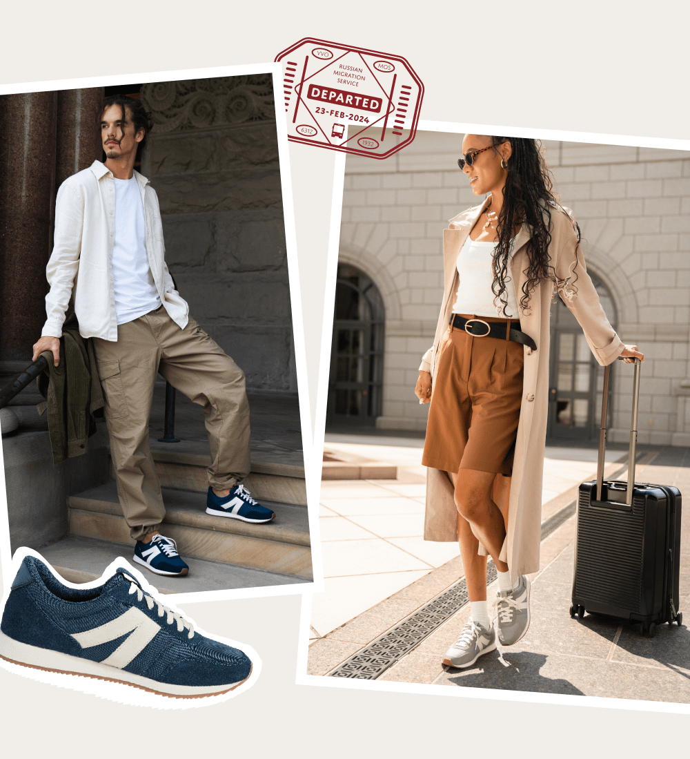 Milan being worn on a man casually standing on stairs. Milan being worn on a woman pulling a suitcase