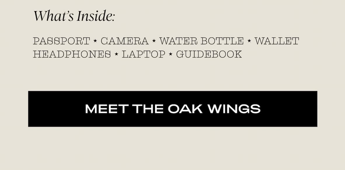 What’s Inside:  Passport ⭑ Camera Water bottle ⭑ Wallet Headphones ⭑ Laptop Guidebook  I MEET THE OAK WINGS