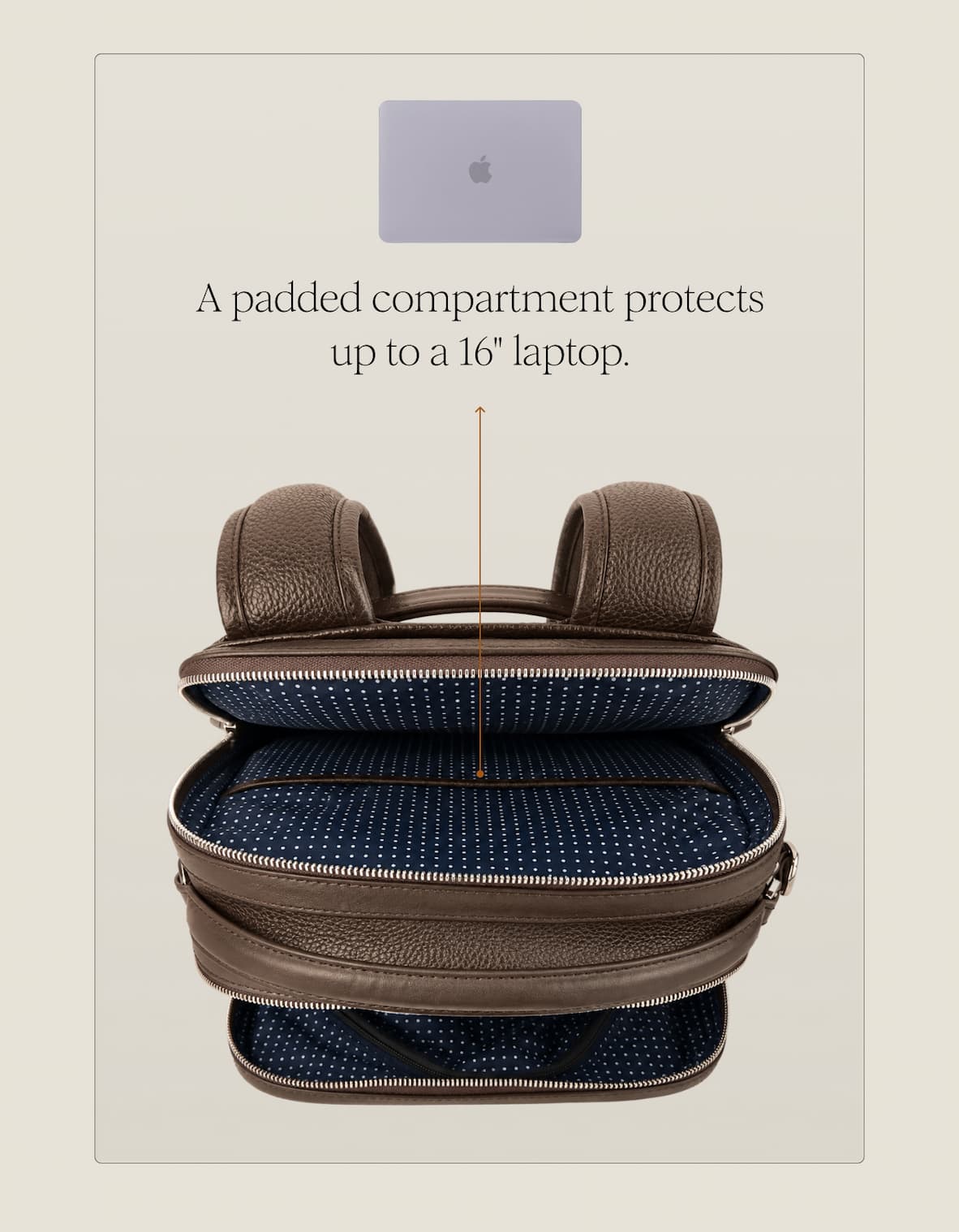 A padded compartment protects up to a 16" laptop.