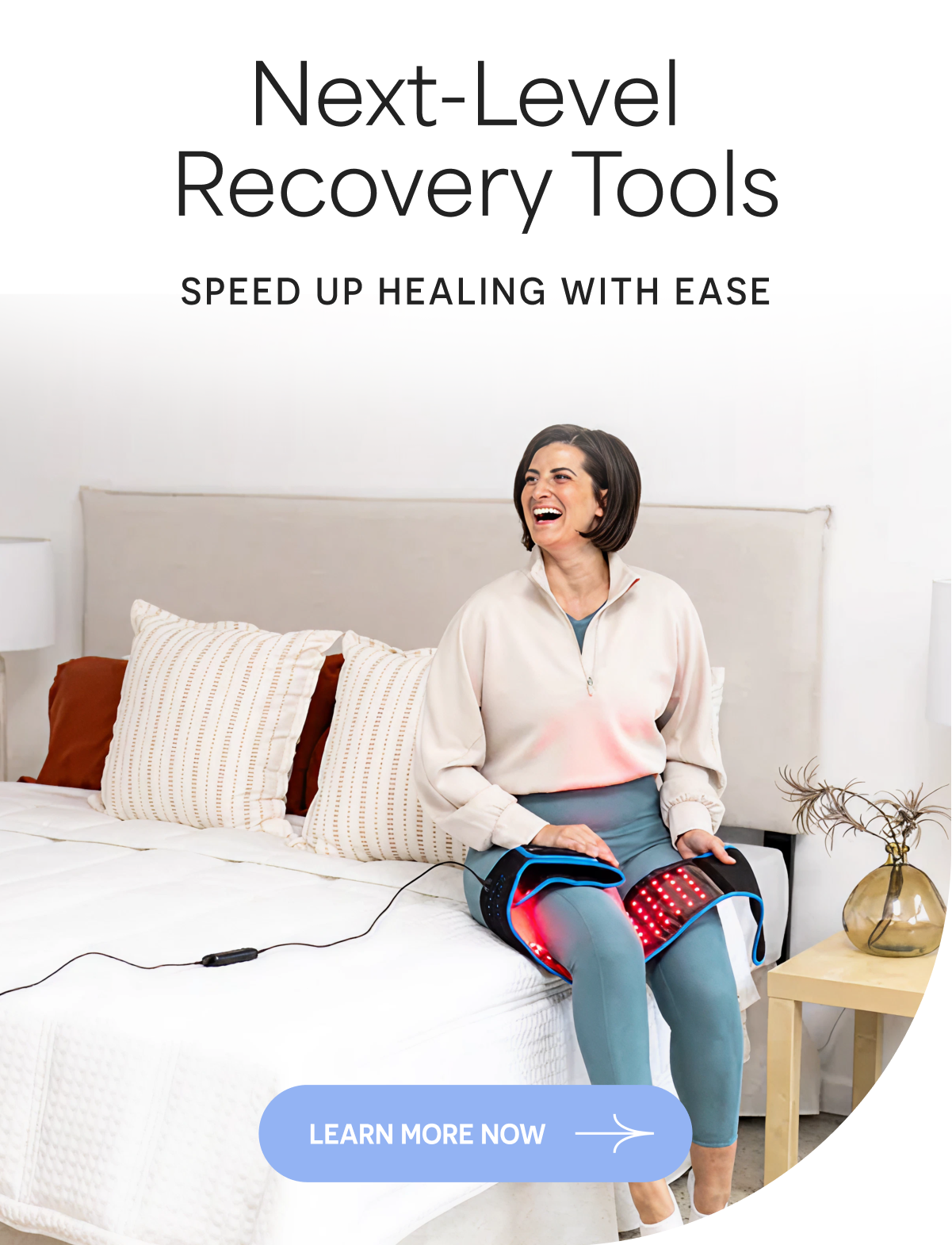 Next-Level recovery tools with a woman sitting on a bed using a recovery device on her legs.