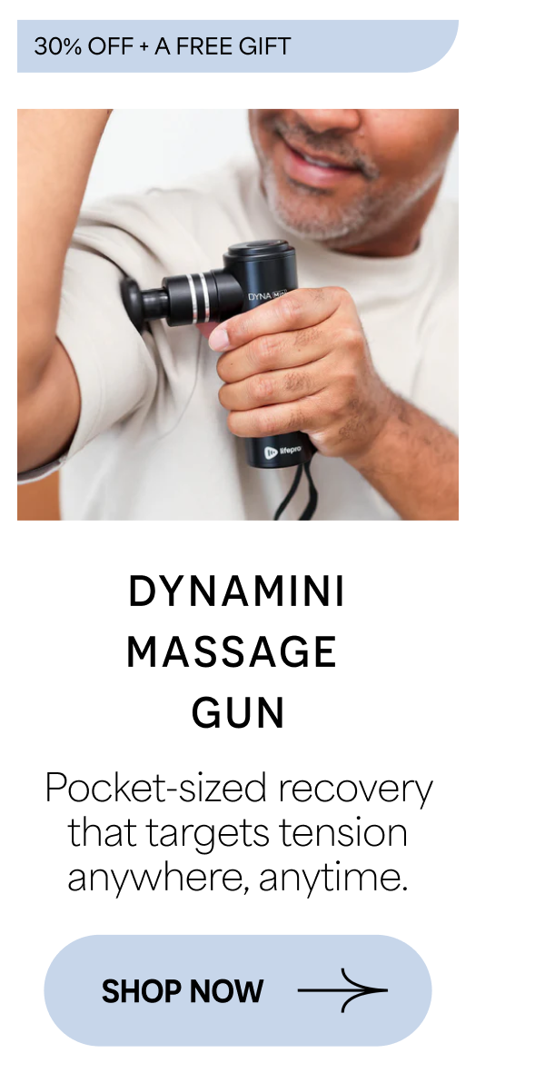 DYNAMINI MASSAGE GUN Pocket-sized recovery that targets tension anywhere, anytime.