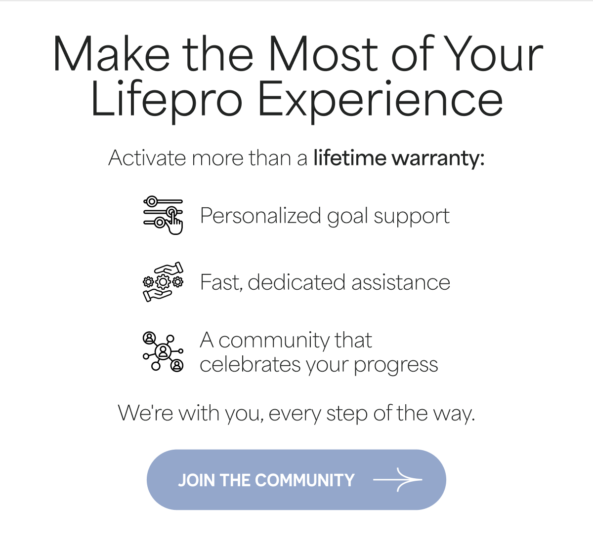 Make the Most of Your Lifepro Experience Activate more than a lifetime warranty: Personalized goal support Fast, dedicated assistance A community that celebrates your progress We're with you, every step of the way. Join The Community