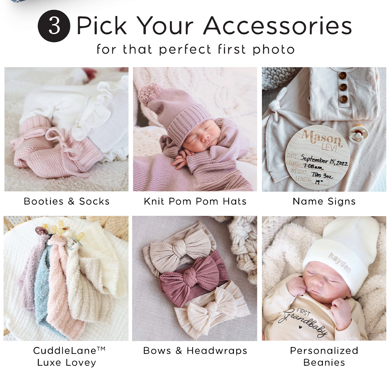 3. Pick your Accessories for that perfect first photo | booties & socks knit pom pom hats name signs cuddlelane luxe lovey bows & headwraps Personalized beanies