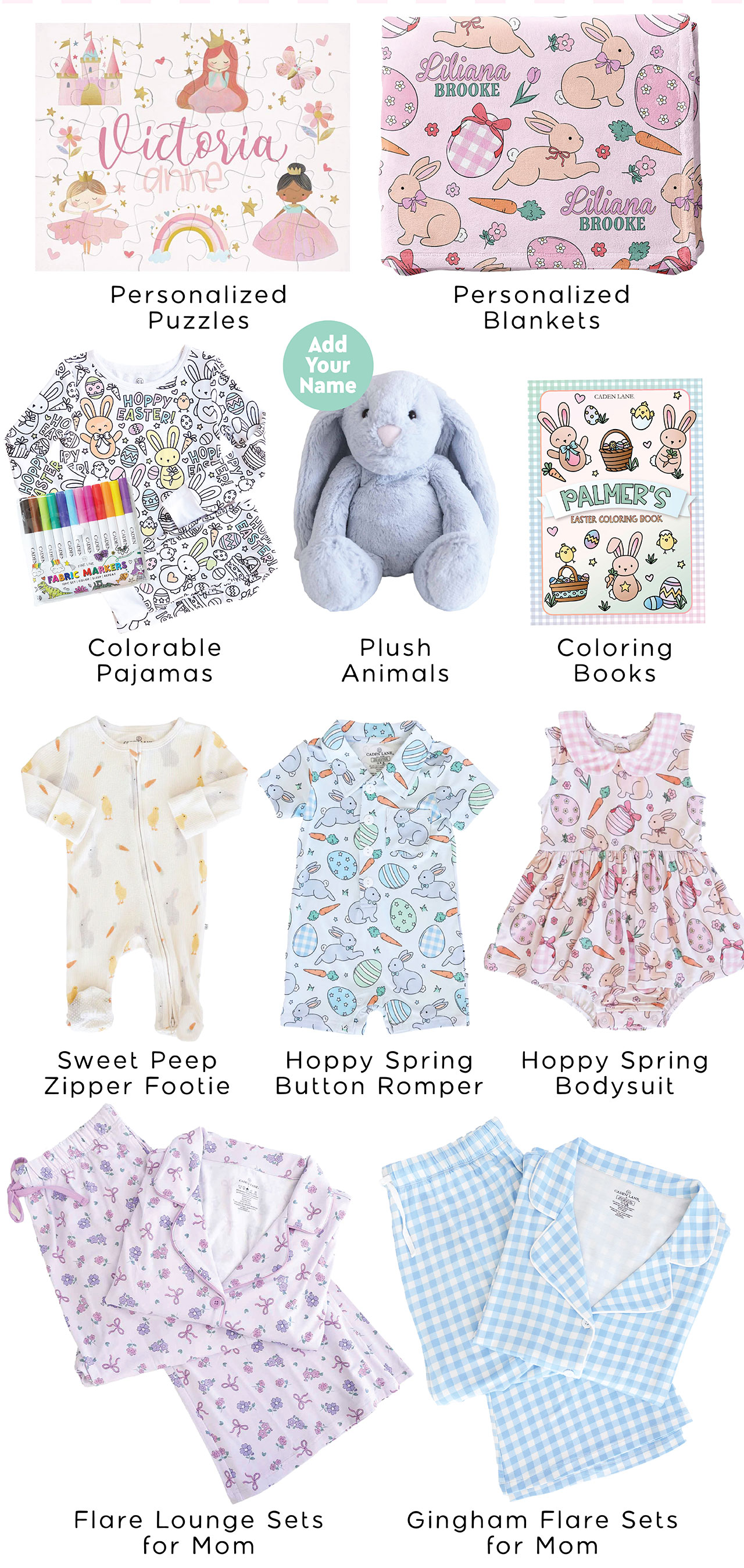 Image with different Easter basket fillers, like personalzied items, pajamas and more