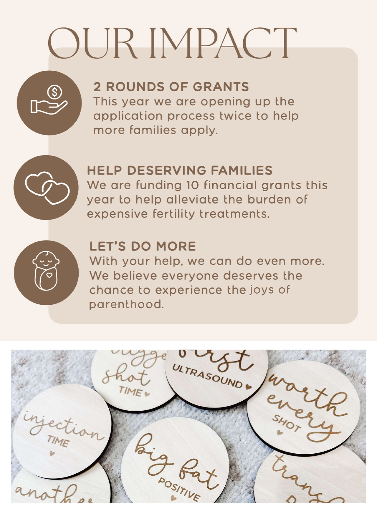 Our Impact | 2 rounds of grants, Helping deserving families, and doing more so that everyone can experience the joys of parenthood!