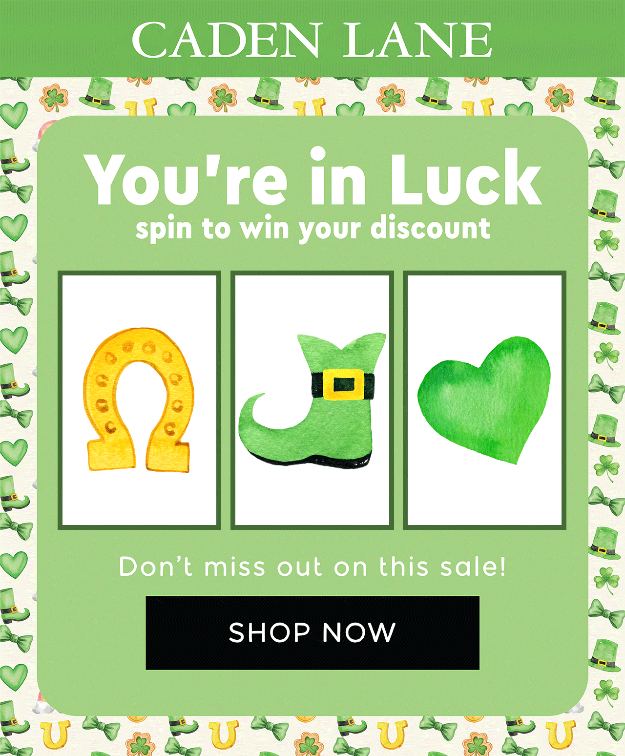 You're in Luck spin to win your discount 20% OFF. Don't miss out on this sale! SHOP NOW