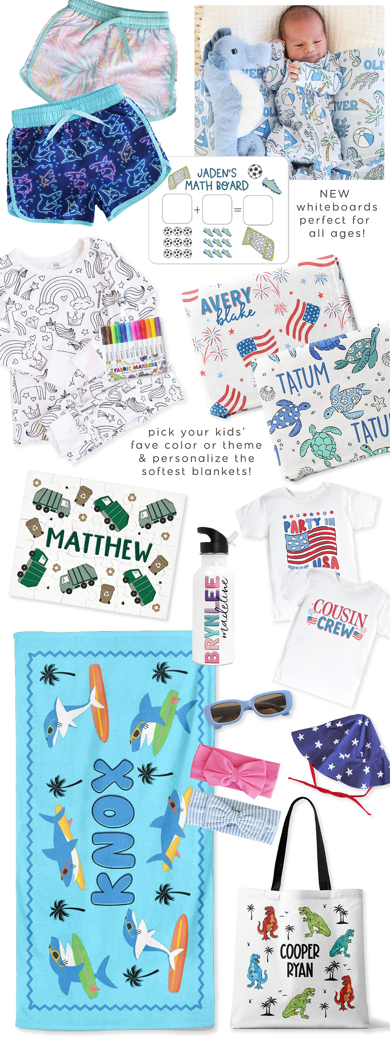 NEW whiteboards perfect for all ages! | pick your kids' fave color or theme & personalize the softest blankets! 