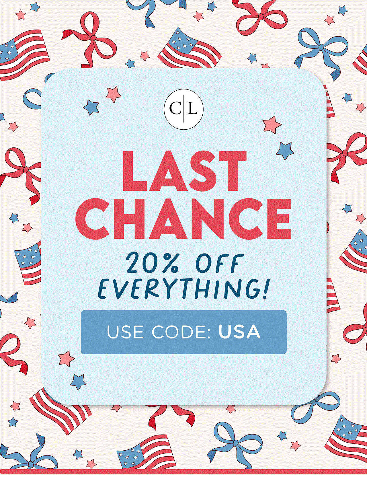 LAST CHANCE 20% OFF EVERYTHING! USE CODE: USA
