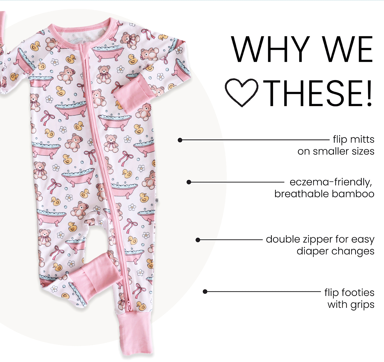 Why we love these! - flip mitts on smaller sizes - eczema-friendly , breathable bamboo - double zipper for easy diaper changes - flip footies with grips