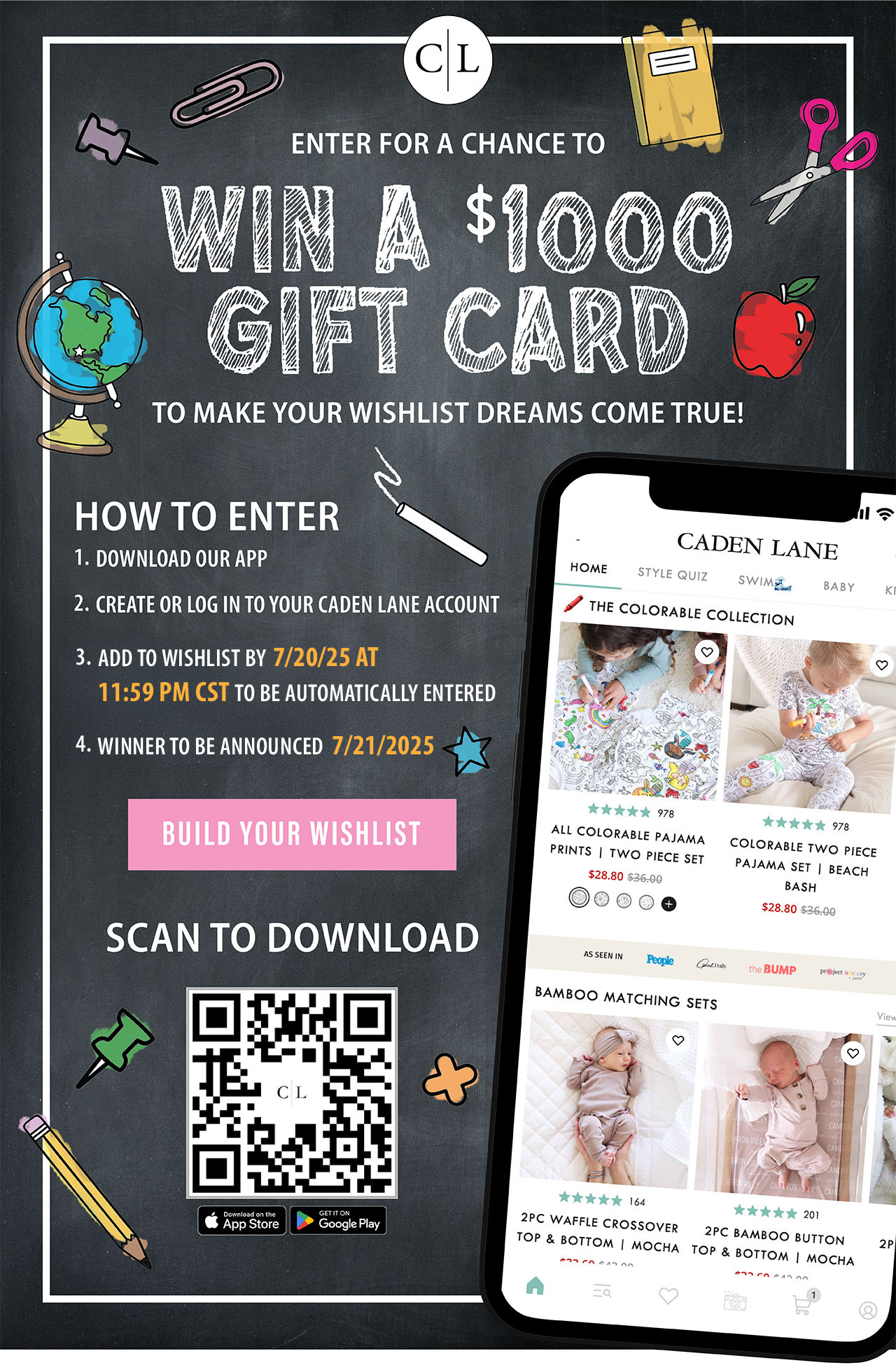 Enter for a chance to win a $1,000 gift card to make your wishlist dreams come true! HOW TO ENTER: 1. download our app, 2. create or log in to your caden lane account, 3. add to wishlist by 7/20/25 at 11:59 PM CST to be automatically entered. 4. winner to be announced 7/21/2025 | BUILD YOUR WISHLIST | SCAN TO DOWNLOAD