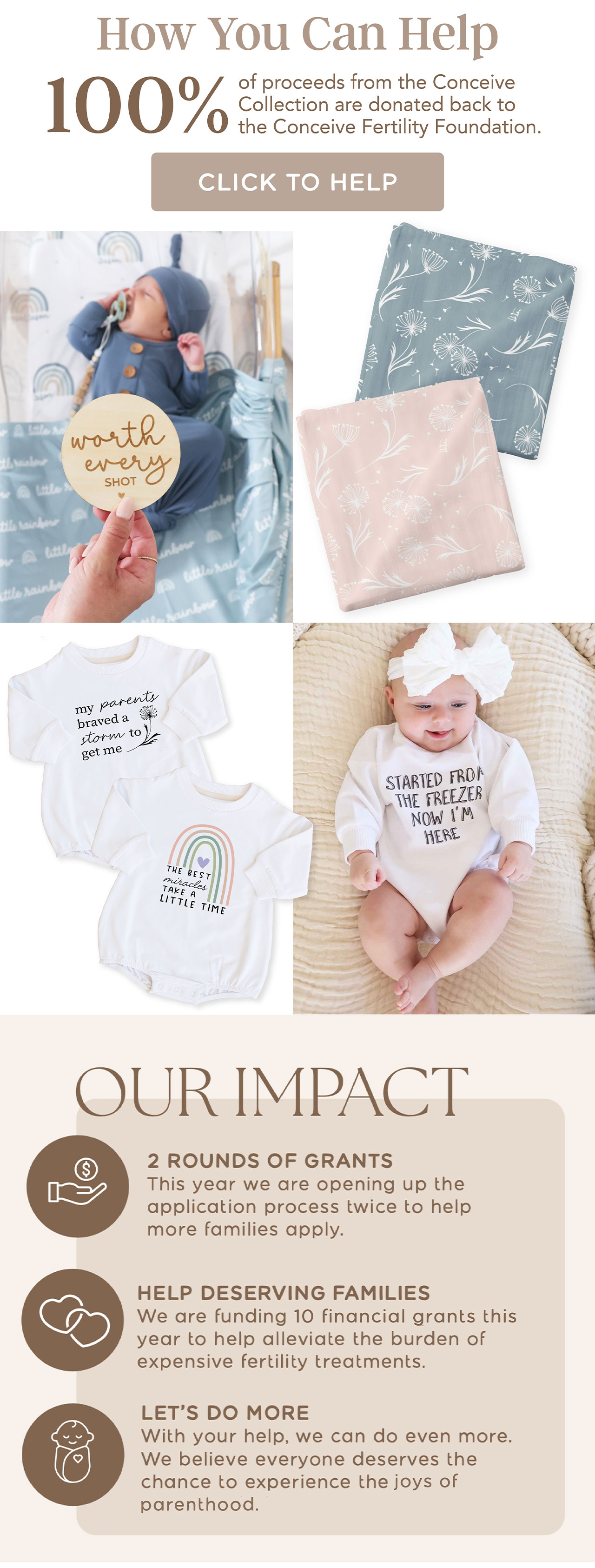 100% OF PROCEEDS FROM THE CONCEIVE COLLECTION ARE DONATED BACK TO THE CONCEIVE FERTILITY FOUNDATION