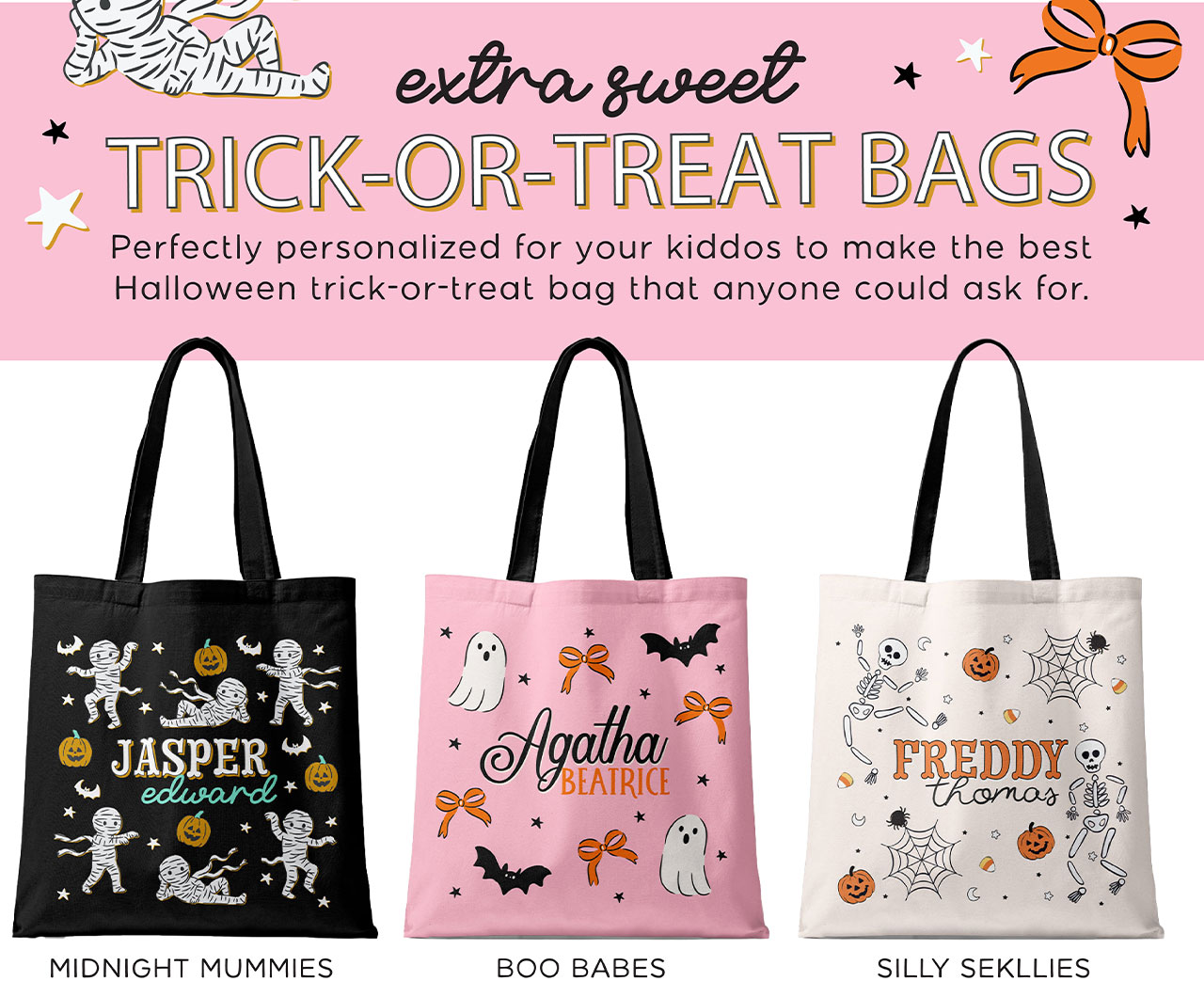 extra sweet trick or treat bags | perfectly personalized for your kiddos to make the best Halloween trick-or-treat bag that anyone could ask for.