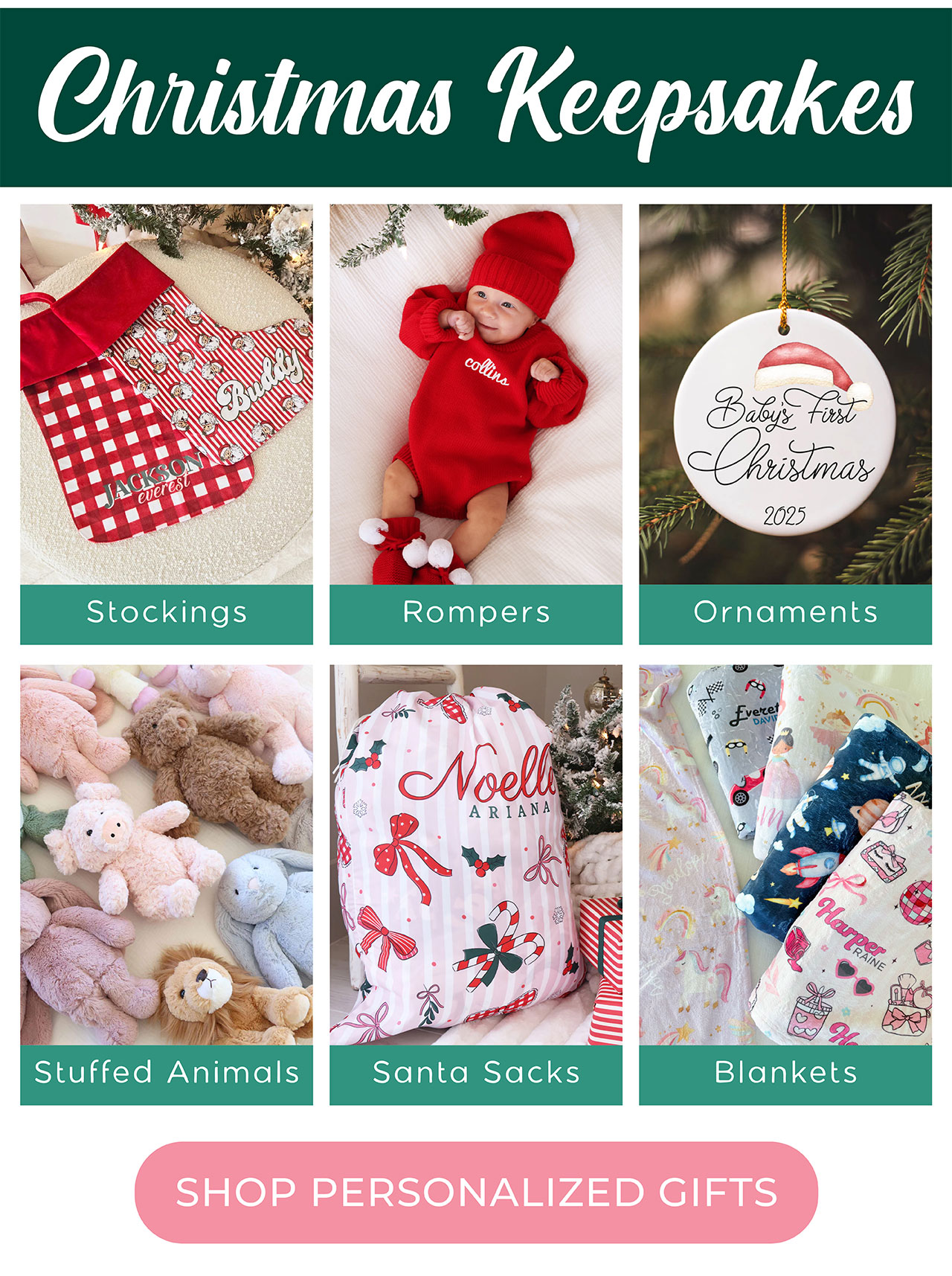 Christmas Keepsakes | stockings | rompers | ornaments | stuffed animals | santa sacks | blankets