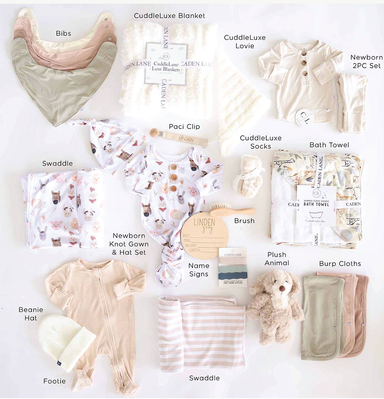 flat lay of the items that are in the DELUXE Ultimate Baby Gift Set | Barnyard