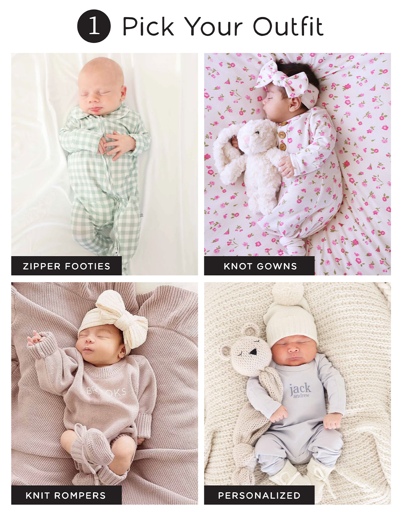 1. pick your outfit! zipper footies knot gowns knit rompers personalized