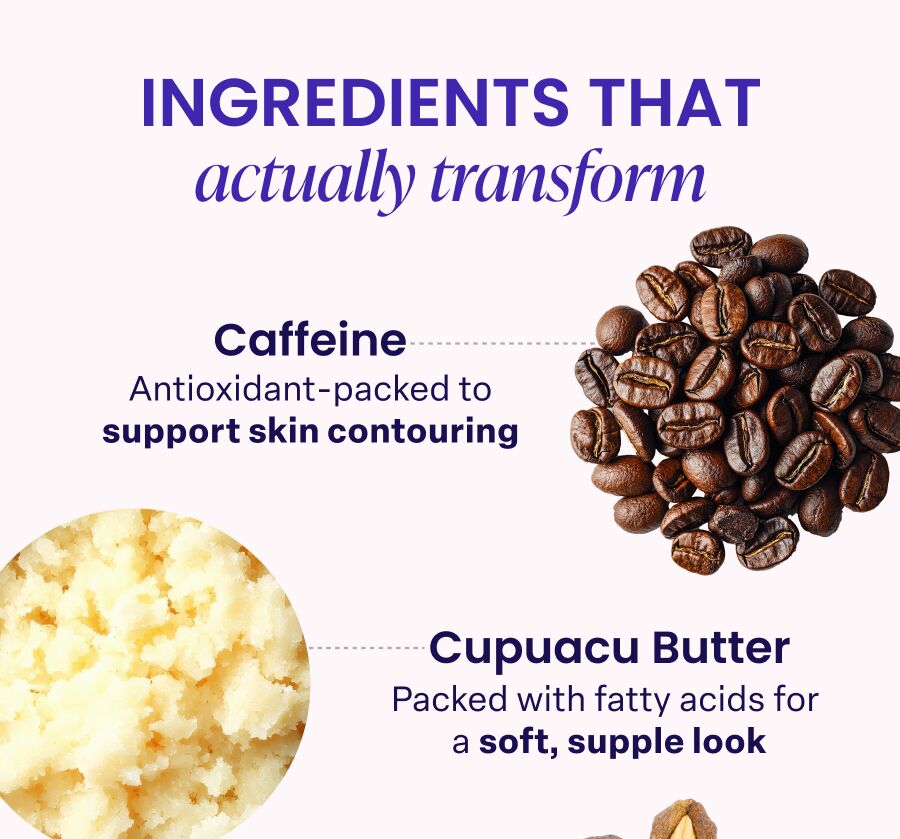 INGREDIENTS THAT actually transform Caffeine, Cupuacu Butter, Sacchi Inchi Seed, Tamarind Seed Polysaccharide