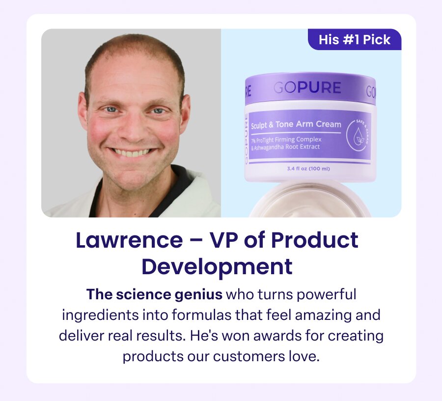 Lawrence - VP of Product Development The science genius who turns powerful ingredients into formulas that feel amazing and deliver real results. 