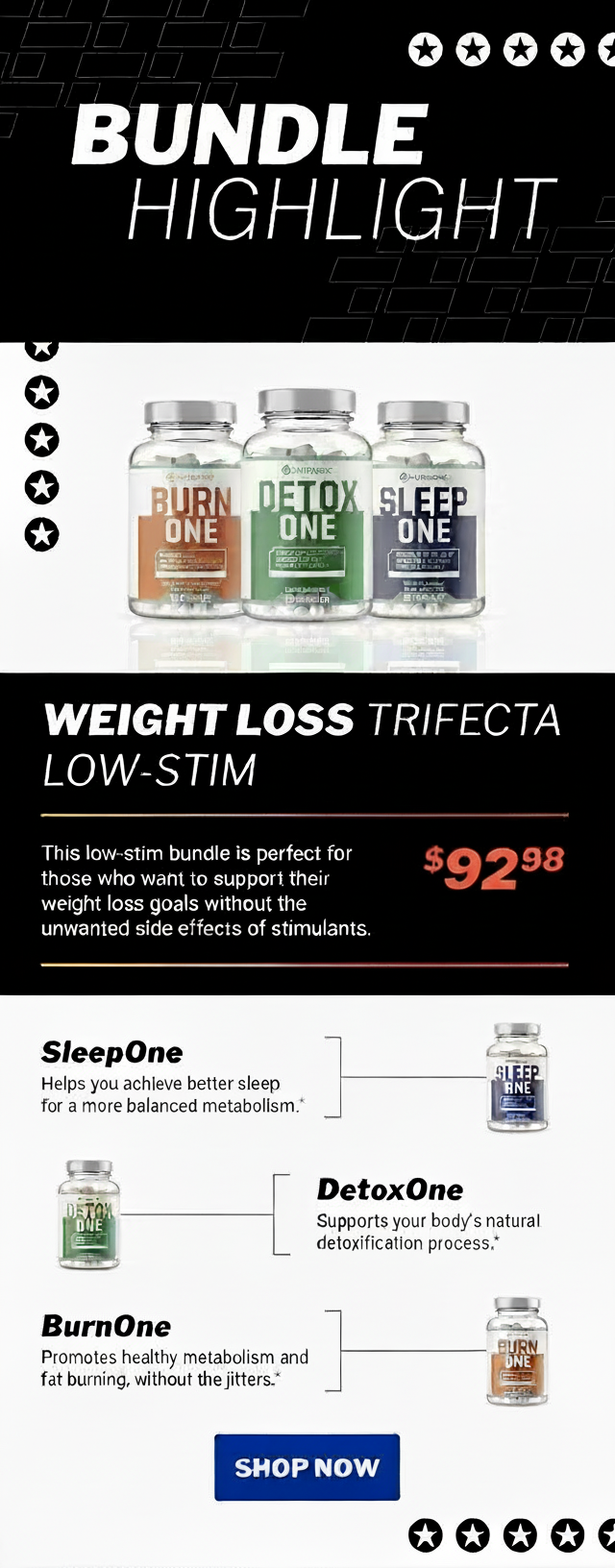 Weight loss bundle featuring BurnOne, DetoxOne, and SleepOne supplements.