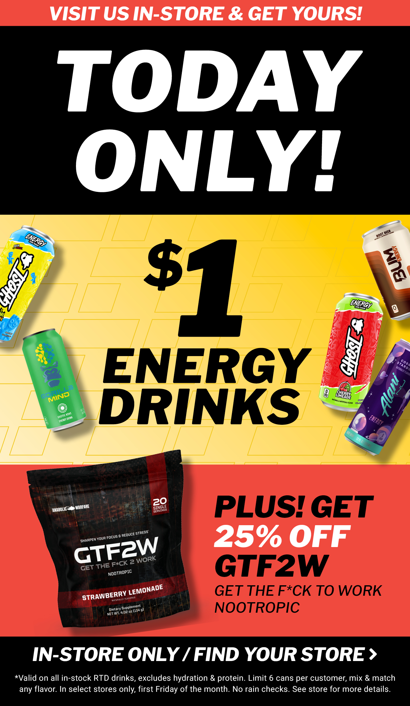 $1 Energy Drink Sale Today, Plus get 25% off GTF2W