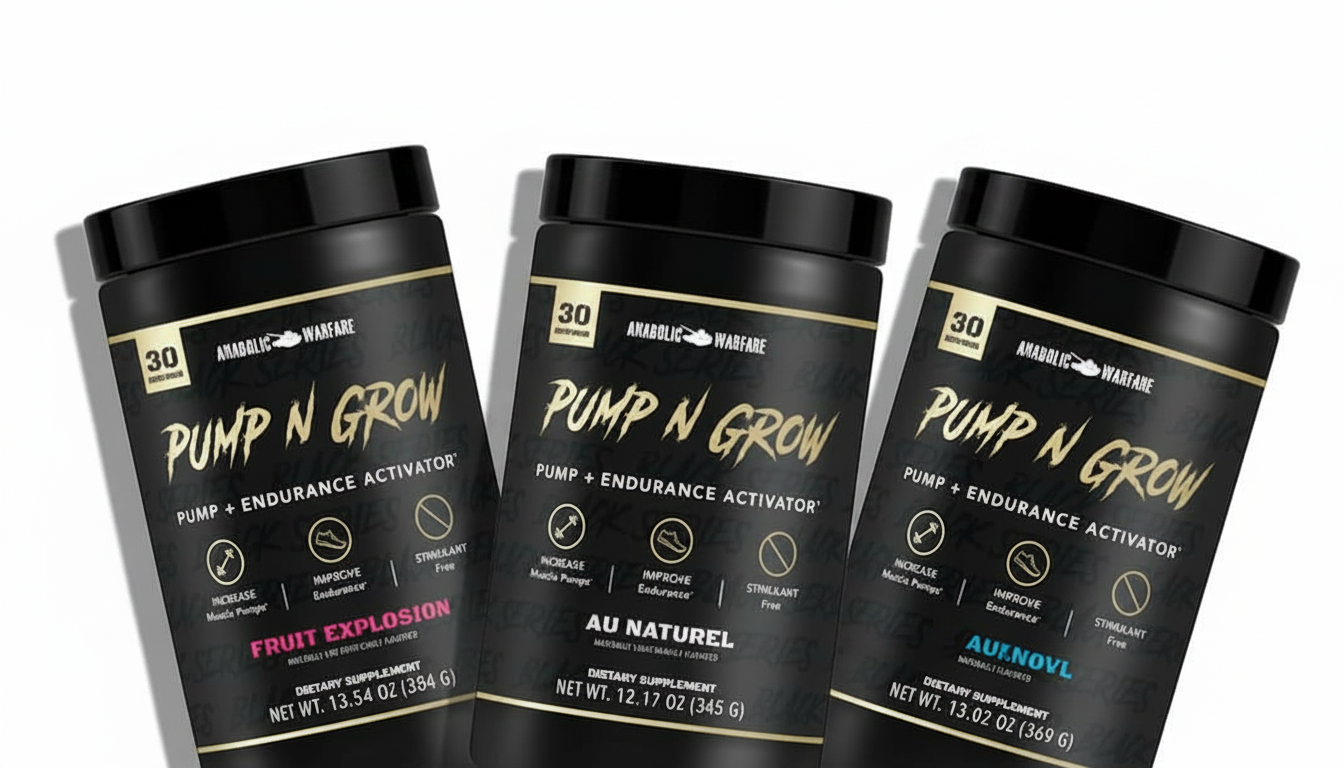 Three black tubs of "Pump N Grow" dietary supplement in different flavors.