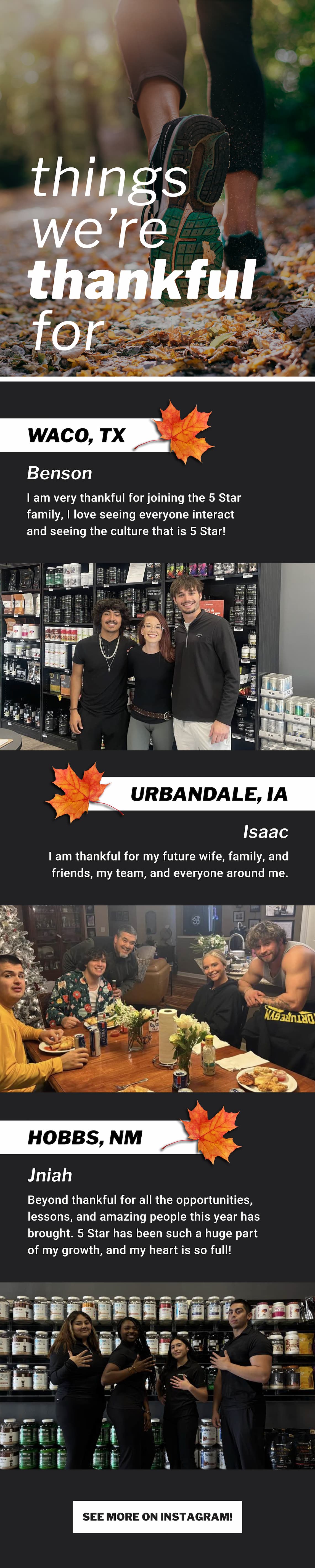 Things we are thankful for: Image of employees and descriptions of what they are thankful for in their lives