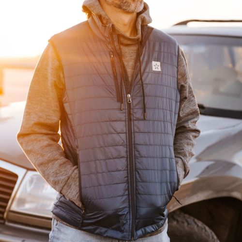 Man Wearing Staccato Hoodie and Puffer Vest