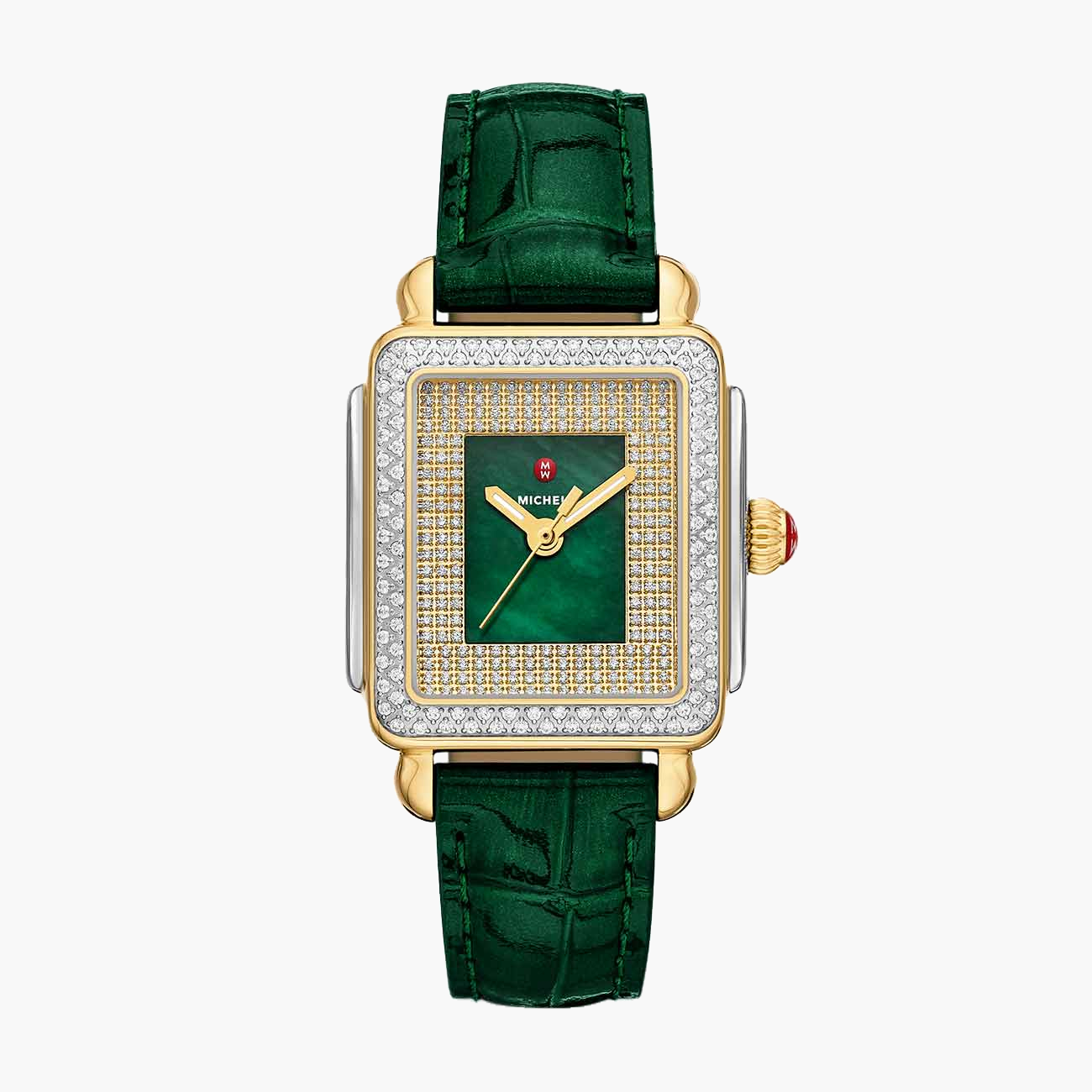 Michele Deco Mid Diamond Watch with Green Leather Strap