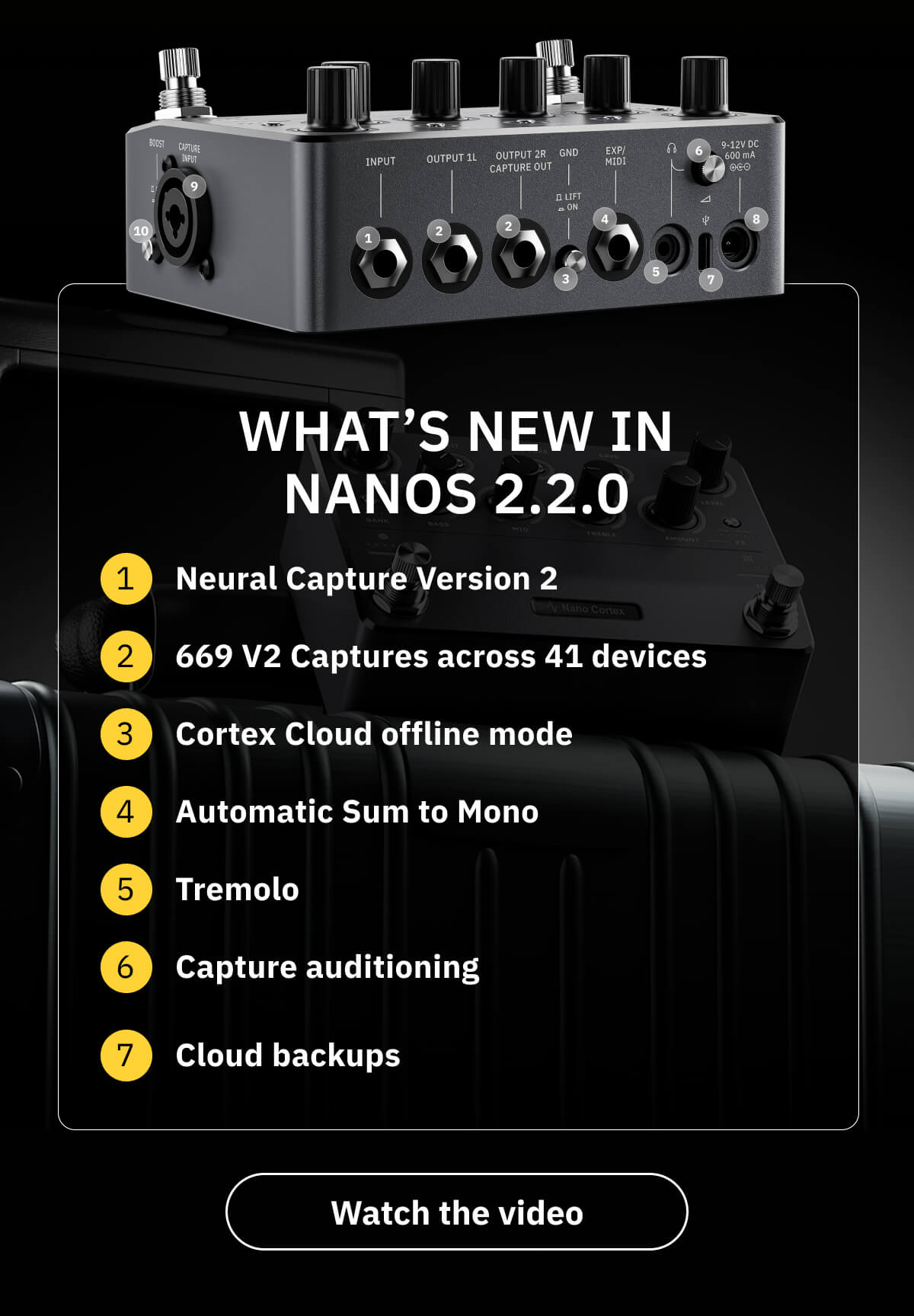 What's new in NanOS 2.2.0 Neural Capture Version 2 669 V2 Captures across 41 devices Cortex Cloud offline mode Automatic Sum to Mono Tremolo Capture auditioning Cloud backups