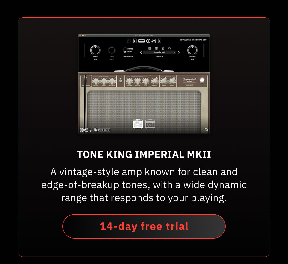 Tone King Imperial MKII A vintage-style amp known for clean and edge-of-breakup tones, with a wide dynamic range that responds to your playing.