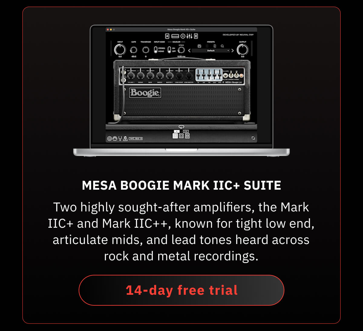 Mesa Boogie Mark IIC+ Suite Two highly sought-after amplifiers, the Mark IIC+ and Mark IIC++, known for tight low end, articulate mids, and lead tones heard across rock and metal recordings.