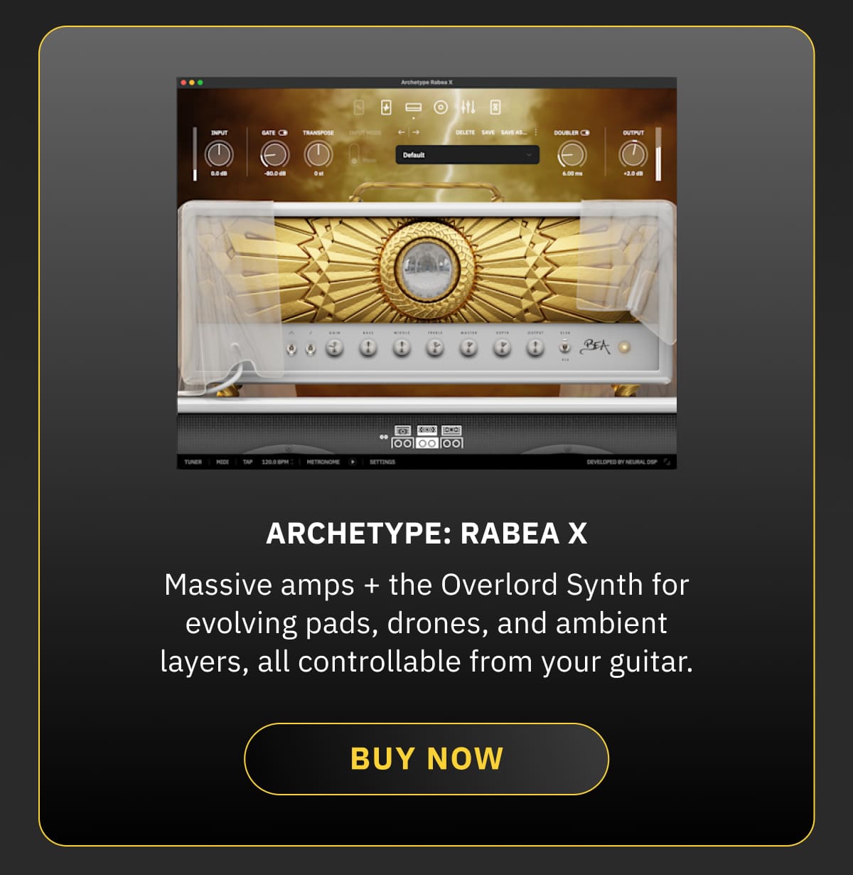 Archetype: Rabea X: Massive amps + the Overlord Synth for evolving pads, drones, and ambient layers, all controllable from your guitar. BUY NOW